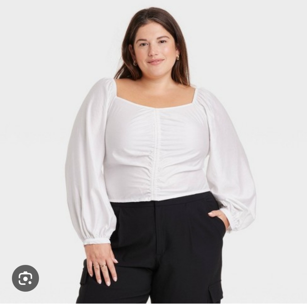 NWT Women's Long Balloon Sleeve Slim Fit Ruched Front Top - a New Day™ White XXL